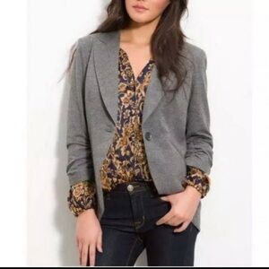 Gibson boyfriend fit blazer grey knit curved hem single button ruched sleeves M